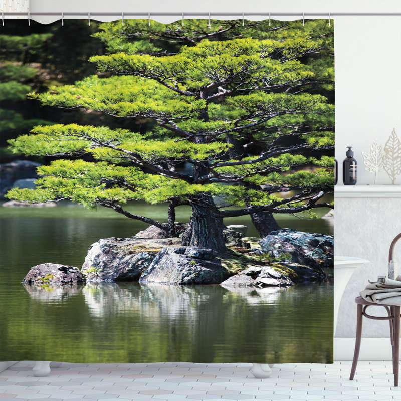 Dakota Fields Japanese Shower Curtain Pine Tree in Lake Nature Green Wayfair